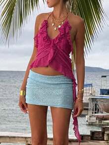 Women Halter Top, Tie-Up Sleeveless Tops Backless Ruffled Solid Summer Vest For Club Party - Màu Hồng Tươi - Xem 1