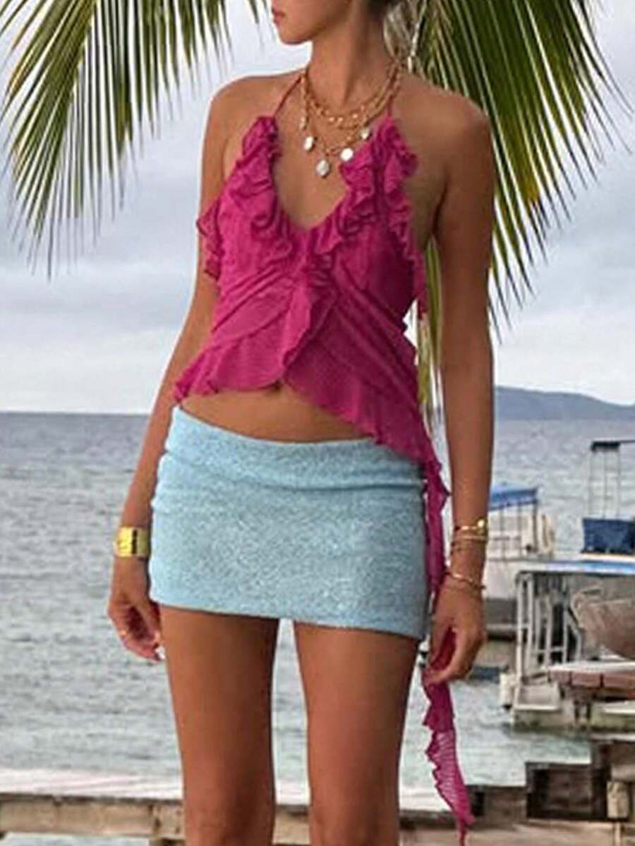 Women Halter Top, Tie-Up Sleeveless Tops Backless Ruffled Solid Summer Vest For Club Party - Màu Hồng Tươi - Xem 1