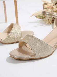 1 par de sandalias romanas con tira en T, puntera redonda, tacón grueso de 5 cm, hebilla metálica, diseño con brillo, para adolescentes y mujeres, de moda lujosa y adorable, adecuadas para uso diario, fiestas, baile, vacaciones, escuela u oficina, para uso interior/exterior, nueva colección primavera/verano 2025