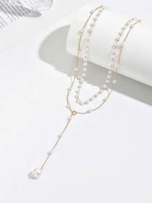 1pc Gold Y Shaped Layered Necklace Rhinestone Pearl Decorated Womens Daily Wear Friendship Gift Banquet Party Handmade Adjustable Chain Custom Pearls - 白色 - 查看 2