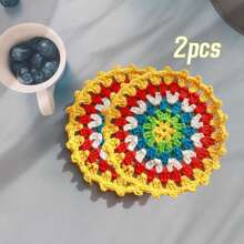 2/7 Peças Porta-copos de Crochê Feitos à Mão Boêmios, Rendas Redondas Multicoloridas, Jogos Americanos Vazados Resistentes ao Calor, Descansos de Copo e Garrafa de Crochê para Festas, Casamentos, Reuniões de Mesa, Melhor Presente