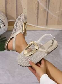 Women's Summer New Headscarf Mesh Circle Buckle Woven Flat Sandals, Fashion Versatile Breathable Slip-On Vacation Slippers