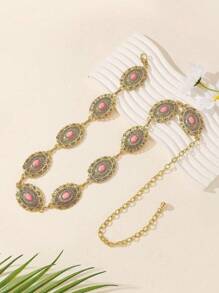 Vintage Oval Embossed Faux Antique Silver Metal Waist Chain Belt, Versatile Waist Decoration For Dress & Pants