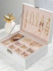 1-częściowe pudełko na biżuterię, duża pojemność, dwuwarstwowe, wodoodporne pudełko do przechowywania biżuterii z PU, z zamkiem, miękka wyściółka, odpowiednie dla kobiet, dziewcząt, mężczyzn, nowoczesny styl, świetny prezent dla kobiet, matek, nauczycieli, składane, prostokątne pudełko na biżuterię z szufladą - wielobarwność - Zobacz 2