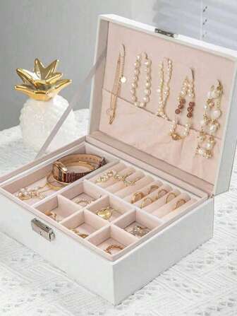 1pc Large Capacity Dual-Layer Waterproof PU Leather Jewelry Storage Box With Lock, Soft Lining For Women, Girls, And Men, Perfect For Organizing Various Jewelry, Modern Design Ideal For Christmas, Thanksgiving, New Year, And Valentine's Day Gifts, Stackable Solid-Color Rectangular Jewelry Box With Drawer, Great For Mothers, Teachers, And Jewelry Enthusiasts, Enhance Your Home Decor While Keeping Your Treasures And Stylish.