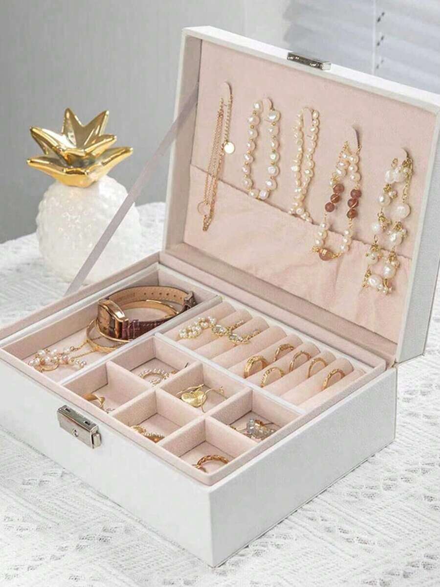 1-częściowe pudełko na biżuterię, duża pojemność, dwuwarstwowe, wodoodporne pudełko do przechowywania biżuterii z PU, z zamkiem, miękka wyściółka, odpowiednie dla kobiet, dziewcząt, mężczyzn, nowoczesny styl, świetny prezent dla kobiet, matek, nauczycieli, składane, prostokątne pudełko na biżuterię z szufladą