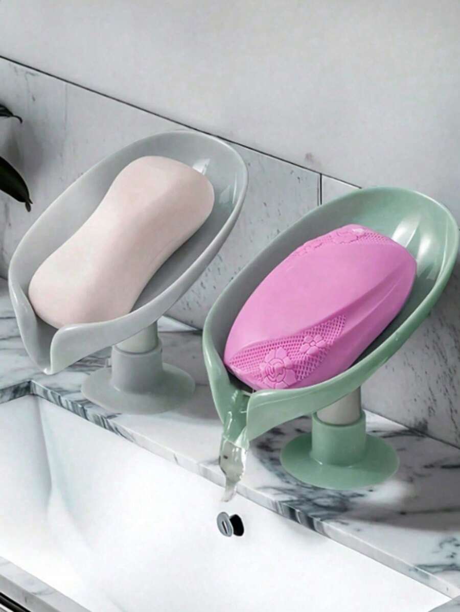 1/2pcs Leaf Shape Soap Dish With Suction Cup - No Drilling Required, Waterless Design, Suitable For Laundry And Bathroom, Suction Cup Soap Dish, Leaf Soap Box Drain And Moisture-Proof Storage Organizer (Suction Cup Becomes Stronger With Water) Back To School