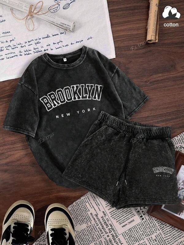 Cotton, Summer Women's Fun Printed "Brooklyn" Letter Pattern T-Shirt Shorts Set, Hip-Hop Korean Version Comfortable Retro Fashion Commuting All-Match Y2k Clothing, Street Casual Regular Niche Punk Rock Washed T-Shirt Round Neck Short-Sleeved Shorts Two Pieces Set