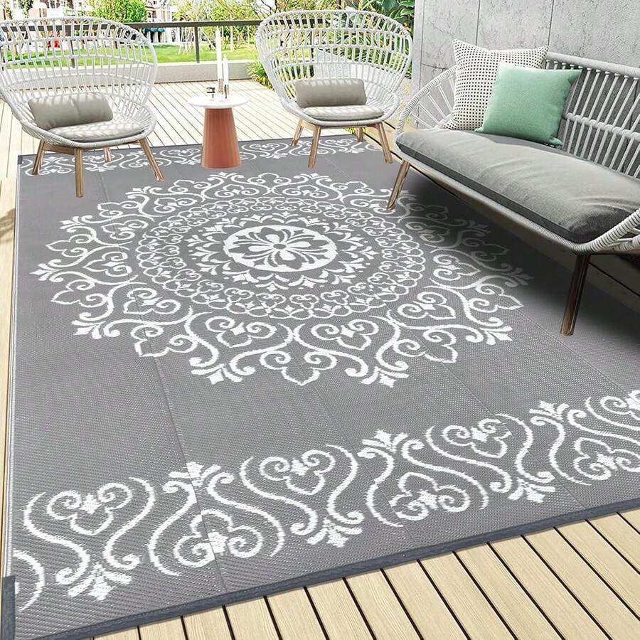 New- Waterproof Outdoor Rug 6x9, Reversible Plastic Straw Patio Camping Rug, Indoor Outdoor RV Mat Carpet For Deck, Camper, Porch, Balcony, Backyard, Picnic, Floral Grey - 花卉灰色 6 X 9 - 查看 1