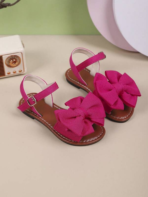 1 Pair Girls Solid Color Flat Sandals With Buckle And Bow Design, Fashionable For Summer Outdoor Wear
