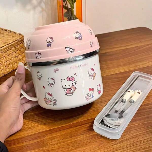 Sanrio 1 Sanrio Character Stainless Steel Lunch Box And Spoon Set, With Kate Cat Sticker DIY, Cute Cartoon Tableware For Food Replenishment, Suitable For Family, Dormitory, Picnic - Designed For Hello Kitty, For Black Beauty, For My Melody,School Supplies