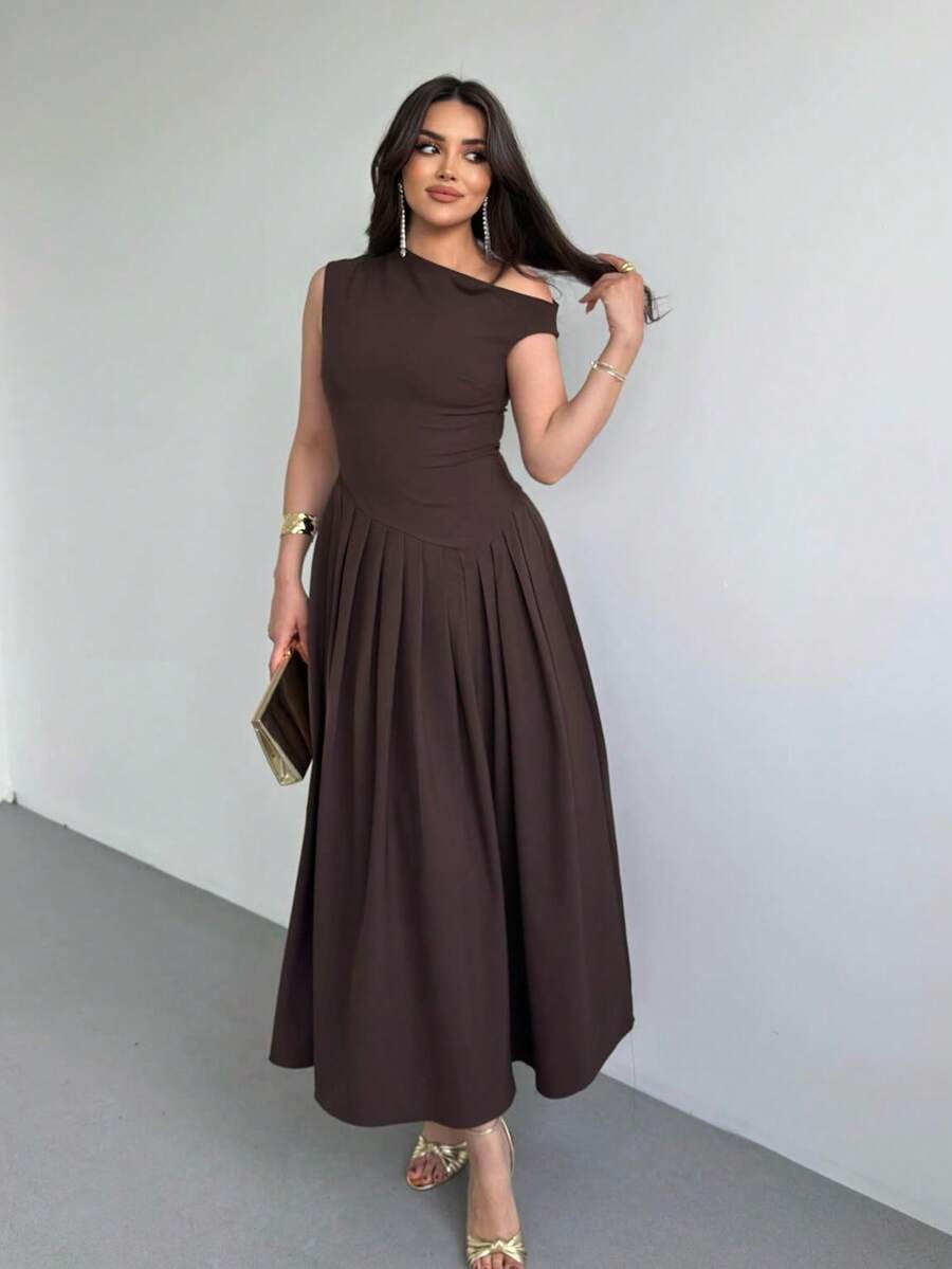 优雅女士方领荷叶边裙装，优雅性感派对针织面料荷叶边饰鸡尾酒会礼服，适合晚间约会、节日、婚礼、日常、生日派对、正式晚宴、迎婴派对、拍照、单身派对 - 棕色 - 查看 1