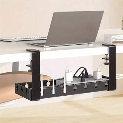 Under Desk Cable ManagementTray,Extendable Sturdy Steel Under DeskCord Hider Raceway,Metal Power StripCord Holder Storage