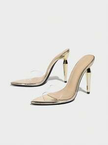 Women's High Heels, Suitable For Spring/Summer Party, Banquet, Outdoor, Fashion Diva, Thick Heel, Pointed Toe, Shiny Transparent PVC Combined With Metallic Smooth Material, Sexy Elegant Slip-On Party Sandals, Champagne, Gold Color - Champagne - View 7
