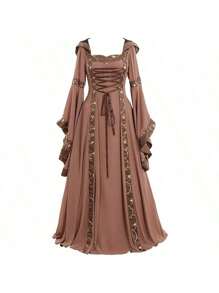European And American Popular Women's Medieval Retro Court Style Hooded Dress With Square Collar And Flared Sleeves, Large Swing Skirt
