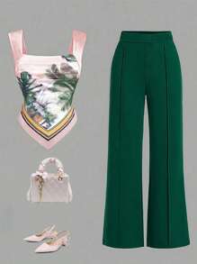 Set da donna a 2 pezzi: Canottiera elegante e sexy con stampa tropicale bohémien a scollo quadrato e pantaloni casual da lounge in tessuto liscio, ideali per l'abbigliamento da vacanza all'aperto e per uscite
