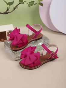 1 Pair Girls Solid Color Flat Sandals With Buckle And Bow Design, Fashionable For Summer Outdoor Wear
