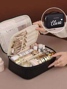 1pc Personalized Cosmetic Storage Bag With 26 Letter Pattern & Customizable Text, Large Capacity, Premium Makeup Organizer, Niche Design, Versatile, Practical, Minimalist, Vacation Atmosphere, Birthday Gift