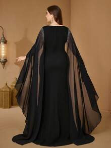 UNITHORSE Plus 女式方领飘逸连衣袖重工烫钻亮钻装饰粗麻布开衩长款优雅修身晚礼服 - 黑色 - 查看 3