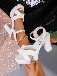 Women High Heel Sandals Bowknot Decor Strap Comfortable Versatile