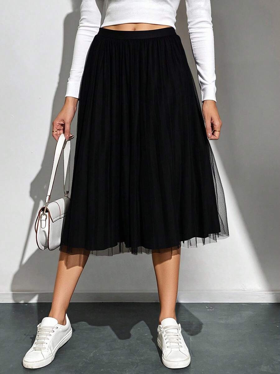 Falda midi dama mujer tejido mesh gllitter suave decorativo pretina elástica bajo recto semi plisado cómodo girly chic día noche fiesta concierto vacaciones calor primavera verano calle concierto cumpleaños - Negro - Ver 1