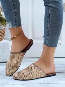 Atmungsaktive Flip-Flops für Damen aus gewebtem Material, flache Sohle, Netzstoff, einfarbig, rutschfest, bequem für drinnen und draußen