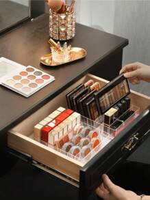 1pc Transparent Plastic Cosmetic Storage Box, 7 Compartments, Lipstick, Eye Shadow, Brush Storage Box, Light And Durable, Suitable For Bathroom Dresser, Drawer Storage, Skin Care Products Organizer