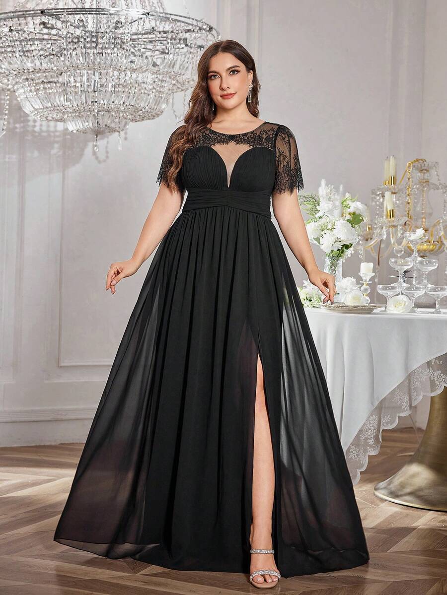 Plus Size Women Sweetheart Collar Lace Patchwork Short Sleeve Solid Color Chiffon Pleated Waist High-Low Elegant Bridesmaid Dress - 黑色 - 查看 1