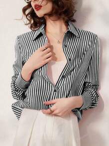 Camisa suelta elegante a rayas, blusa de manga larga con bordado de letra de viajero, para primavera/verano/otoño