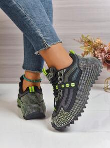Women's Contrast Color Patchwork Breathable Anti-Slip Rhinestone Chunky Sole Serrated Platform Sneakers, Unique Design, Casual Sports Shoes, Fashion & Comfortable Versatile, Suitable For All Seasons, College Style Chunky Sneakers