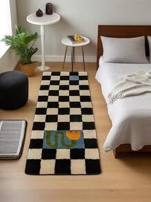 Tapete Estilo Xadrez Preto e Branco Semelhante à Lã, Carpete Estilo Francês Quadriculado para Quarto, Sala de Estar, Sofá, Mesa de Centro, Entrada, Antiderrapante, Lavável na Máquina, Capacho de Poliéster para Uso Interno/Externo, Retângulo