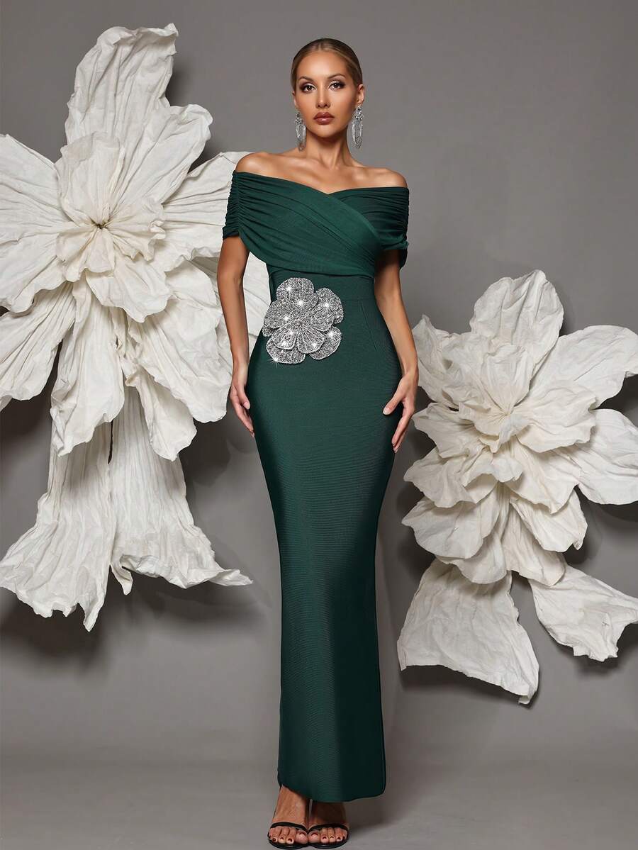 露肩绷带针织紧身连衣裙，性感欧式风格，适合派对、聚会、正式活动