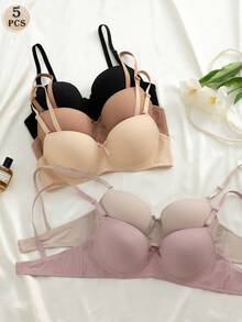 5Pcs French Striped Underwire Bra, Built-In Pads, Comfortable Lifting & Push-Up Design, Slightly Elastic. Size Up Recommended For Fuller Bust. - Multicolor - View 2
