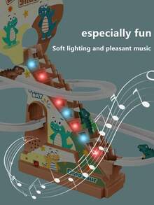 恐龙过山车玩具、恐龙爬梯音乐玩具、恐龙赛道、电动赛道游戏自动攀爬器、带恐龙迷你车的爬梯玩具、圣诞节、万圣节和新年礼物（不含电池） - 彩色 - 查看 2