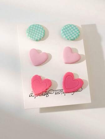 3Pairs/Set Polymer Clay Heart Stainless Steel Earrings Colorful Printing Small Round Heart-Shaped Exquisite Earrings Set For Women Jewelry Gifts