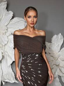 Off Shoulder Handmade Beaded Bodycon Bandage Dress, Sexy & Fitted, Suitable For Family Gatherings, Parties, Formal Events - Coffee Brown - View 3
