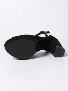 Women's Summer New Chunky Heel Strap Buckle Sandals, Fashion Sexy High Platform T-Stage Super High Heel Open Toe Black Suede Pumps - Black - View 9