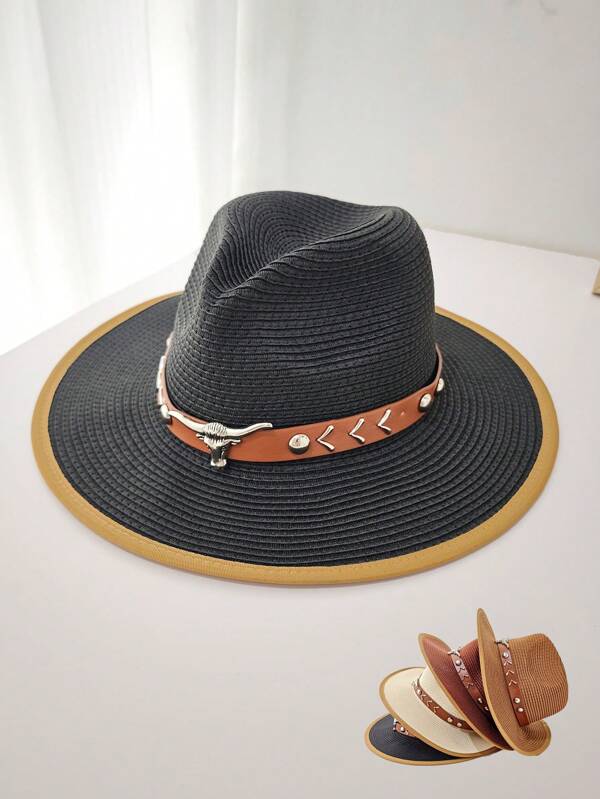 Unisex Straw Panama Hat With Faux Leather Band, Fashionable Cowboy Hat, Sun Protection Hat, Suitable For Beach, Travel, Outdoor Activities, Casual Everyday Wear