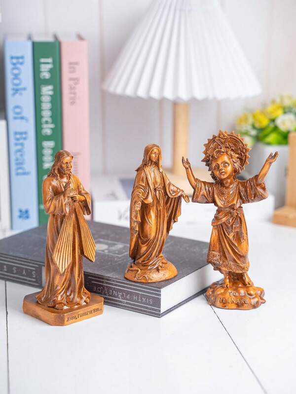 1pc Wooden Texture Christian Believer Virgin Mary And Jesus Decorative Figurine