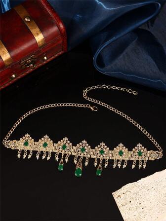 摩洛哥女士头链，镂空雕刻水晶吊坠，阿拉伯女士婚礼派对珠宝头饰