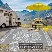 New-  Waterproof Outdoor Rug 6x9, Reversible Plastic Straw Patio Camping Rug, Indoor Outdoor RV Mat Carpet For Deck, Camper, Porch, Balcony, Backyard, Picnic, Floral Grey - 花卉灰色 6 X 9 - 查看 7