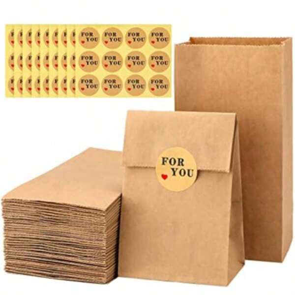 24 Stück/50 Stück braune Papiertüten aus Kraftpapier - Papierbonbon-Tütchen mit Aufklebern für Snacks, Geburtstag, Hochzeit und Halloween Weihnachtsparty Lieferant, Sommerschenke, Schul-Zubehör, Raum-Dekoration