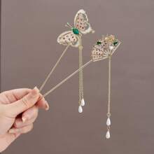 1pc Vintage Chinese Character & Butterfly Decorative Folding Fan Hair Clip, New Chinese Style Peony Tassel Hairpin, Elegant Classical Hair Accessory