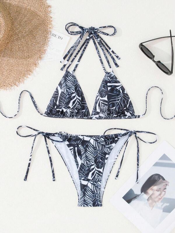 Tropical Plant Print Knotted Tie Side Bikini Swimsuit, Beach Wear, All Season