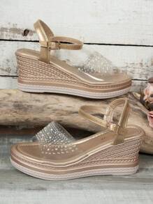 Women's Outdoor Transparent Rhinestone Rivet Fashionable Outdoor Hook Banquet Home Increased Platform Wedge Sandals