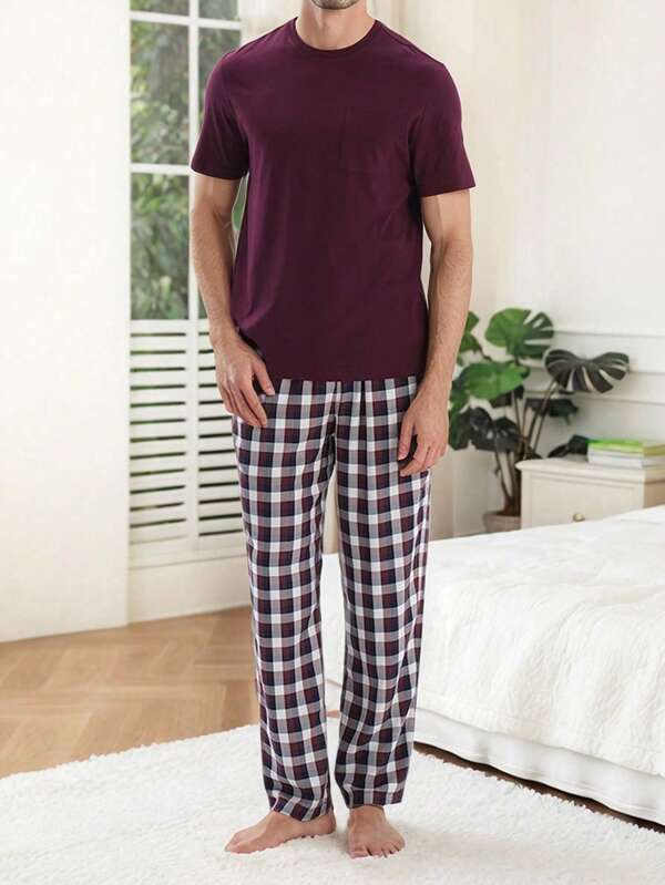 Men's Lightweight Crew Neck Solid Color Short Sleeve Top And Plaid Print Long Pants 2 Pieces Pajama Set, Casual And Comfortable For Spring/Summer Home Wear