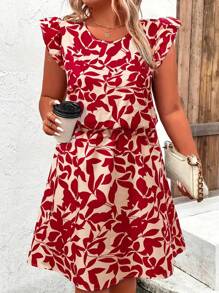 Women's Plus - Size Summer Leaf Print Dress, Flutter Sleeve Round Neck, Perfect Vacation Outfits Women, Flowy Dress Summer For Beach & Casual, Essential Summer Clothes With Chic Pattern