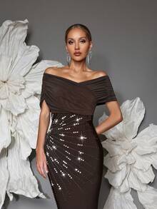 Off Shoulder Handmade Beaded Bodycon Bandage Dress, Sexy & Fitted, Suitable For Family Gatherings, Parties, Formal Events - Coffee Brown - View 4