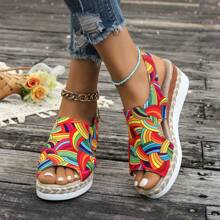 Sandales compensées avec talon réglable colorées style graffiti pour femmes - Sandales plateforme à talons hauts en canevas à enfiler pour femmes - Détail tressé, convient pour les sorties à la plage