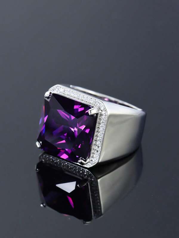 1pc S925 Silver 8ct Purple Crystal Men's Ring, With Lab-Created Gems, Suitable For Party, Daily Commute, Mothers/Fathers Day Gift